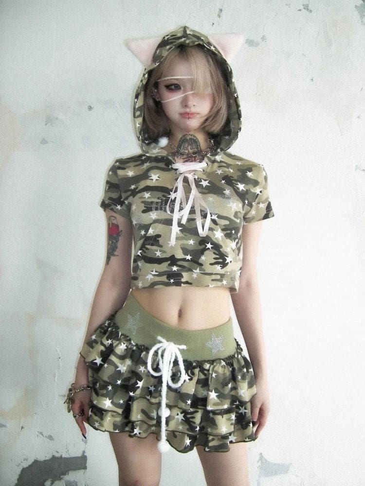 Y2K Green Camoflage Camo Military Short Mini Skirt