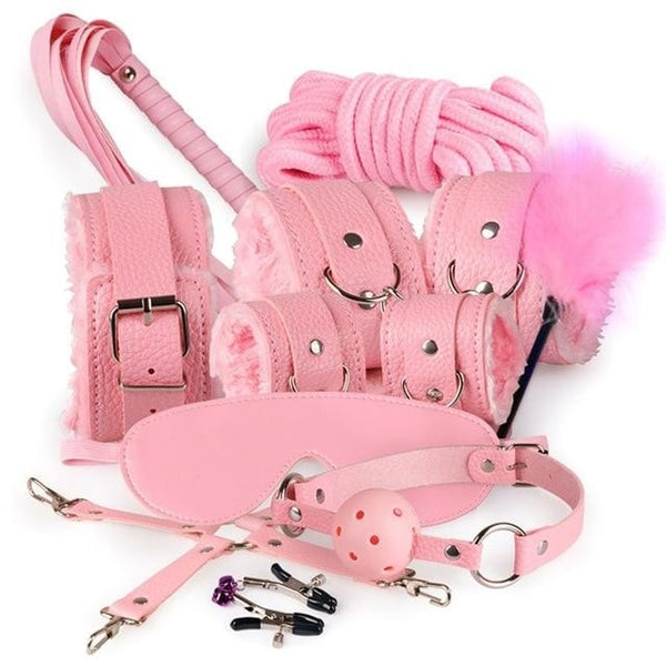 Pink 10 Piece Bondage BDSM Kit Set Sex Toy Lot Fetish S&M Kink Whip Gag Handcuffs Flogging by DDLG Playground