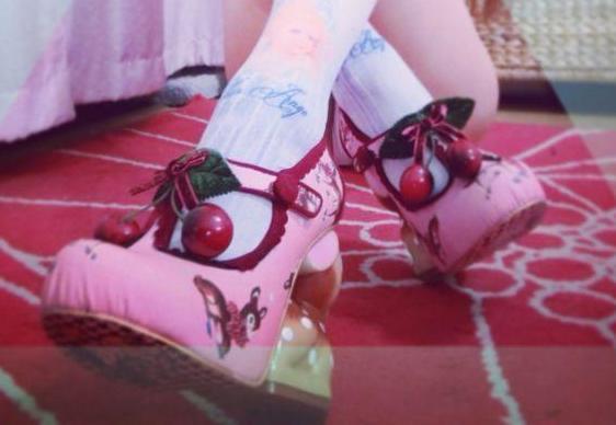 pink 3d cherry deer high heels platform shoes lolita style 1970s vintage kitsch retro cherries print irregular shaped heel disney bambi baby fawn harajuku japan street fashion by kawaii babe
