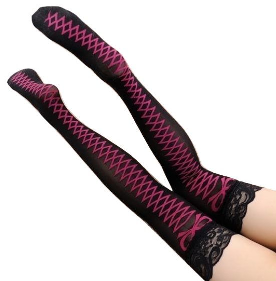 Black Pink Corset Lace Stockings Thigh High Socks Sexy Seductive Fetish Kink