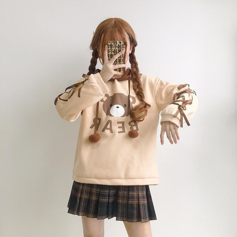 brown baby bear hoodie corset lace up arms sweater mori girl fashion harajuku japan dd/lg dd lg littlespace youthful young girl cgl abdl hoodie sweater sweatshirt by DDLG playground