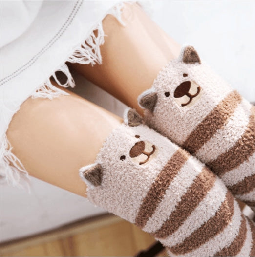 kawaii brown baby bear thigh high socks stockings knee socks tights furry fuzzy warm animal print striped winter wear by ddlg playground
