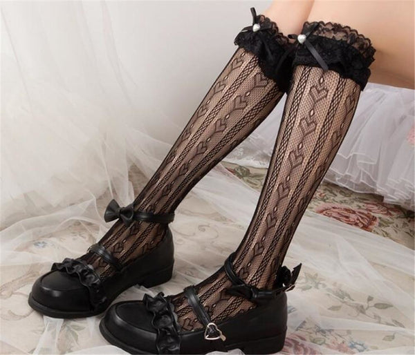 Babydoll Lolita Stockings - Black - bows, knee highs, lace, lace socks, lolita