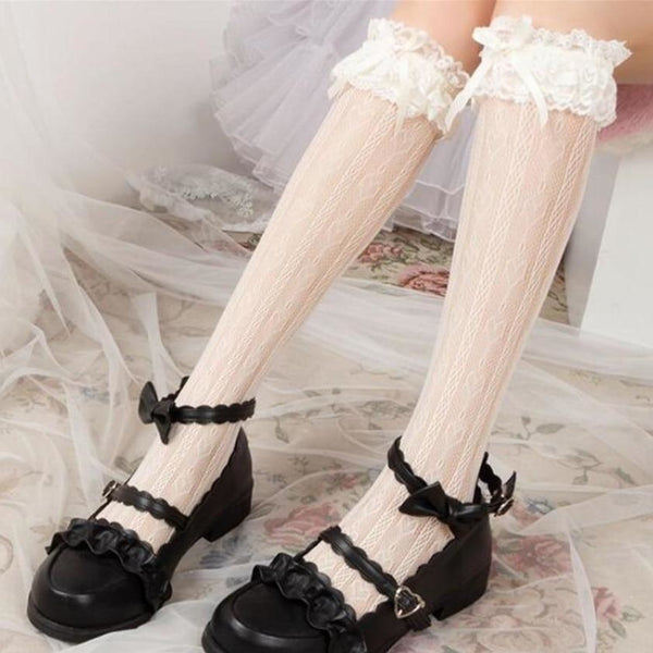 Babydoll Lolita Stockings - White - bows, knee highs, lace, lace socks, lolita