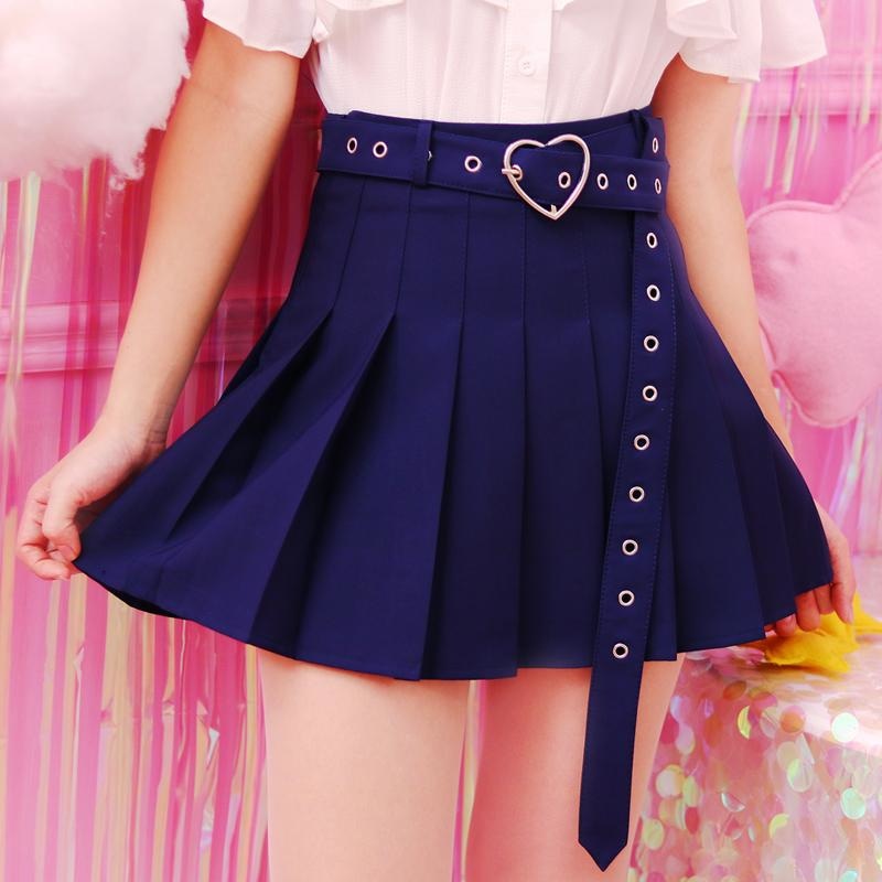 Kawaii Blue Belted Heart Buckle Skirt Pleated Tennis Skirt Cute Fashion