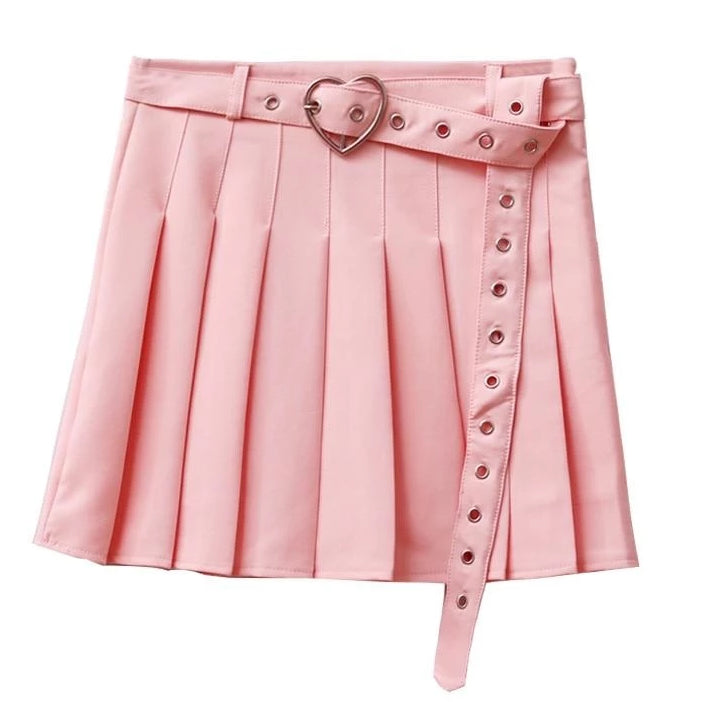 Kawaii Pink Belted Heart Buckle Skirt Pleated Tennis Skirt Cute Fashion