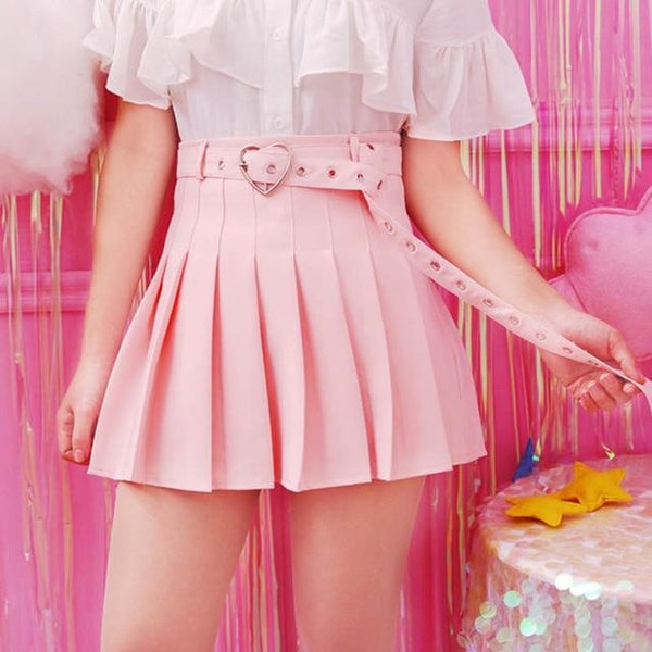 Kawaii Pink Belted Heart Buckle Skirt Pleated Tennis Skirt Cute Fashion 