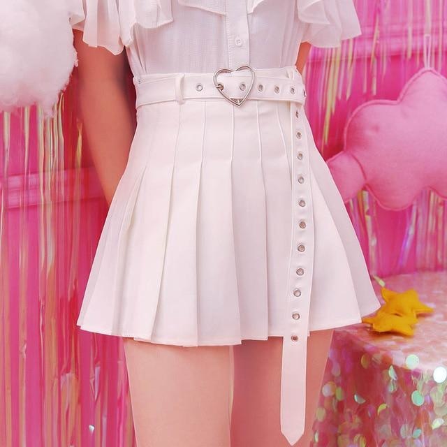 Kawaii White Belted Heart Buckle Skirt Pleated Tennis Skirt Cute Fashion
