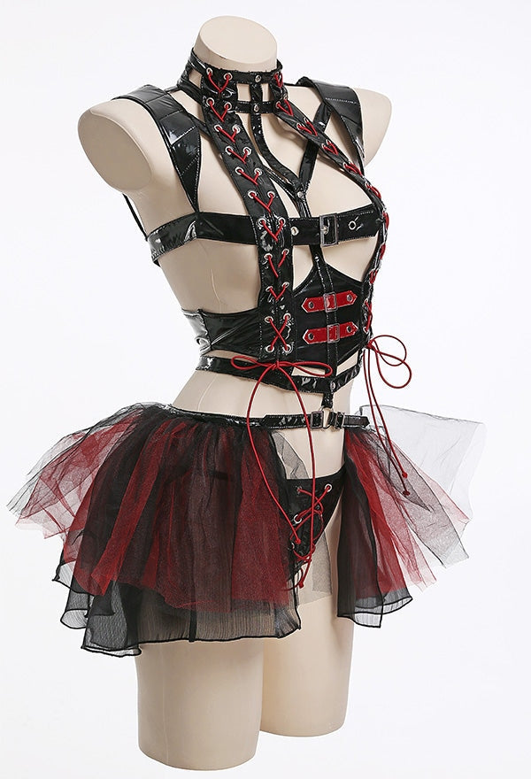 Black & Red Latex Harness Tutu Lingerie Set - bdsm, bondage, harness, harnesses, lingerie set