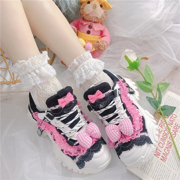Black & Pink Lolita Sneakers - 4 - athletic shoes, doctor, lace up sneakers, platform runners