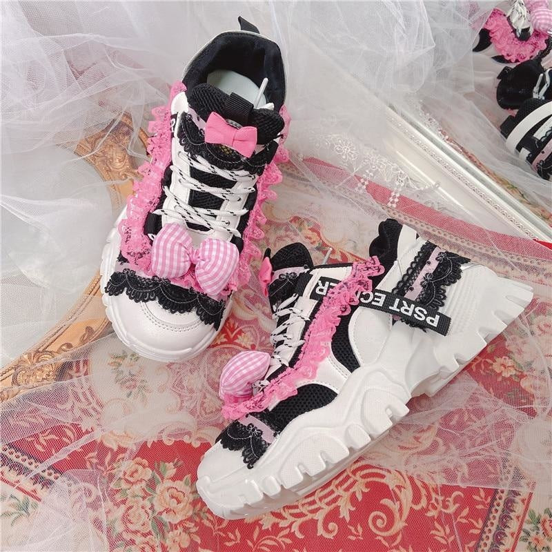 Black & Pink Lolita Sneakers - athletic shoes, doctor, lace up sneakers, platform runners
