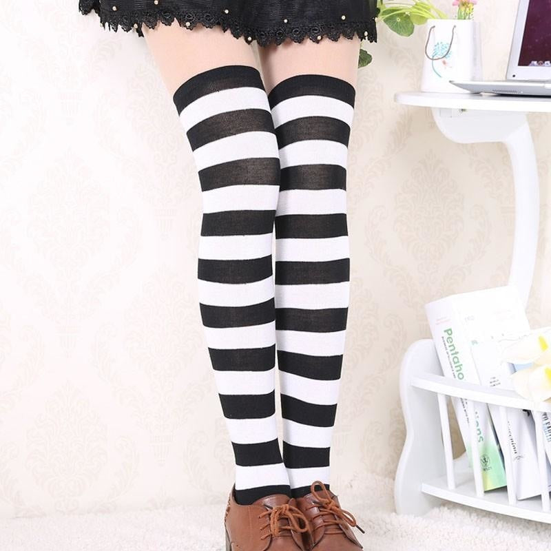 pastel thigh high black white socks stockings striped stripes long knee socks tights panty hose sexy tall legs ddlg playground anime kawaii
