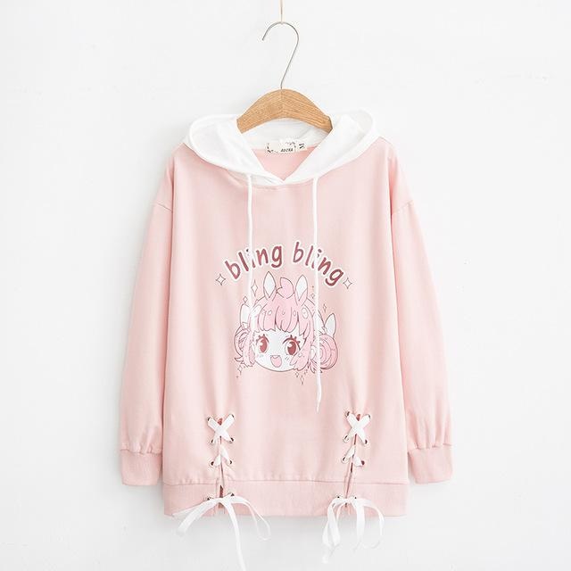 Pastel Pink Bling Bling Bunny Anime Girl Hoodie Sweater Hooded Sweatshirt Kawaii Fashion Fairy Kei