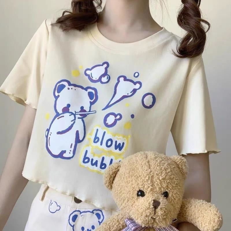 Blow Bubbles Bear Tee - Yellow / S - alternative, anime, anime shirt, baby bear, blow bubbles
