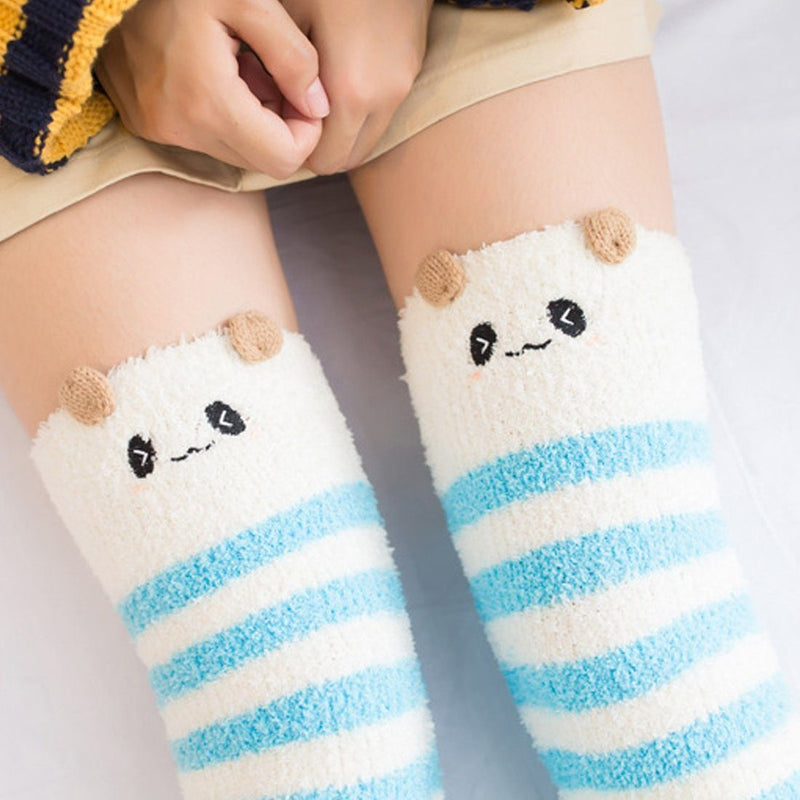 kawaii blue panda bear thigh high socks stockings knee socks tights furry fuzzy warm animal print striped winter wear by ddlg playground