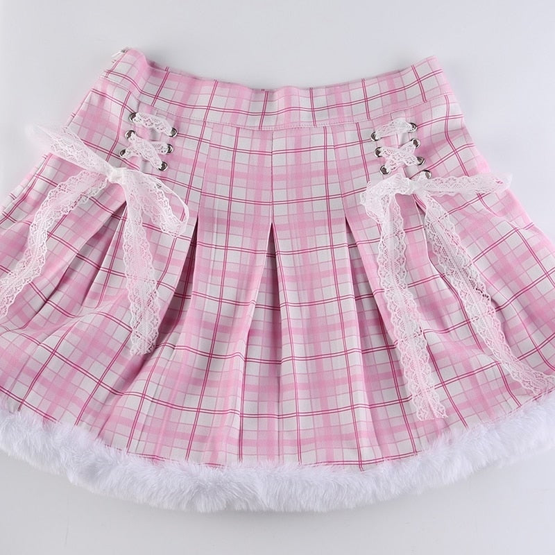 Blue Plaid Fur Princess Skirt - blue plaid, faux fur, fur trim, trimmed, furry
