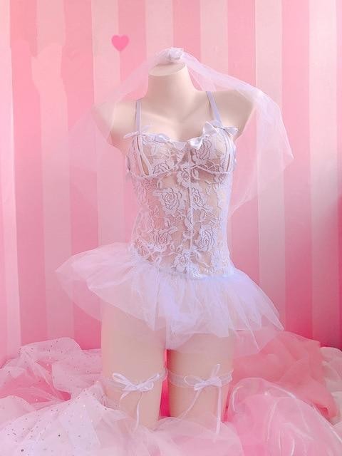 White Bride Lingerie Bodysuit Bridal Wedding Lace Tutu Skirt Headpiece Garter 