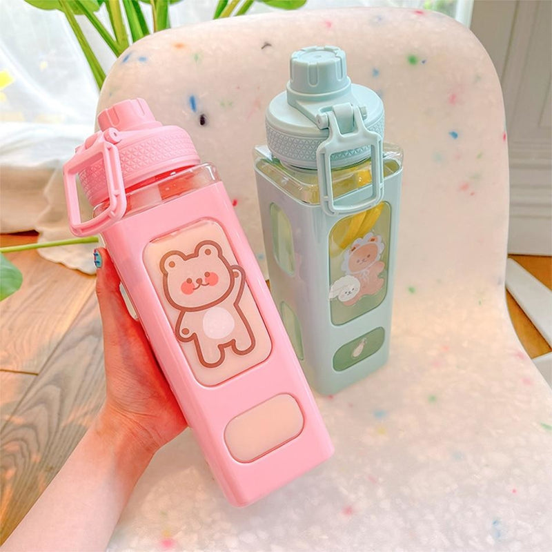 Candy Bun Water Bottles - 900ml / Pink Waving Bear - bottles, drinking, drinkware, glass, glass bottle