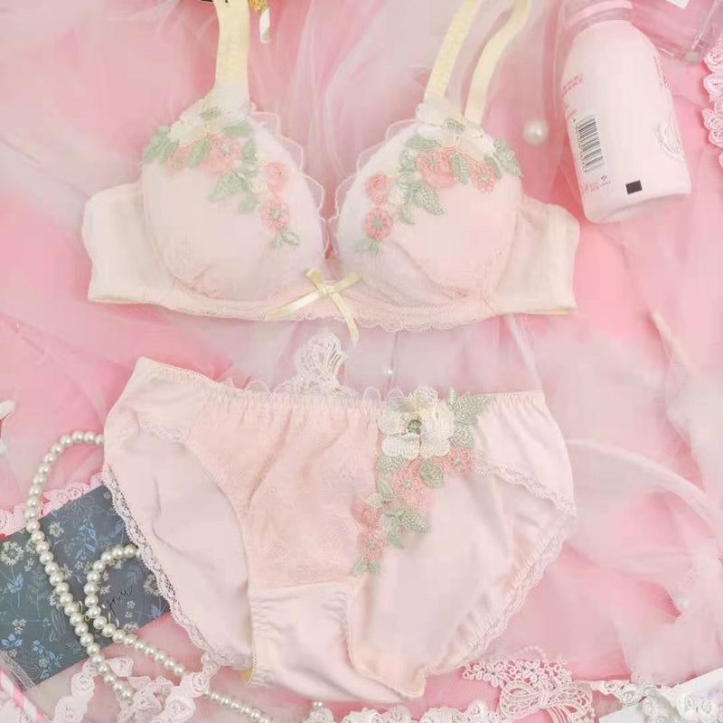 Candy Floral Lingerie Set - Pink / 75C - angel, angelcore, angelic, bra, bralette