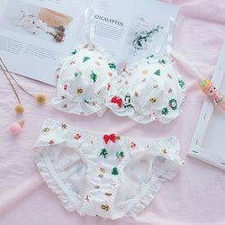 Christmas Tree Holiday Wreathe Lingerie Set Bra White Ruffled Kawaii Cute