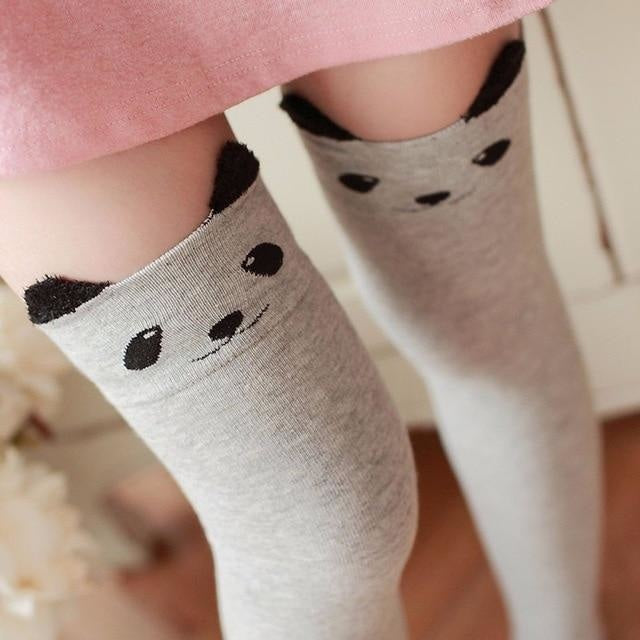 Cotton Animal Thigh Highs - Gray Panda - stockings