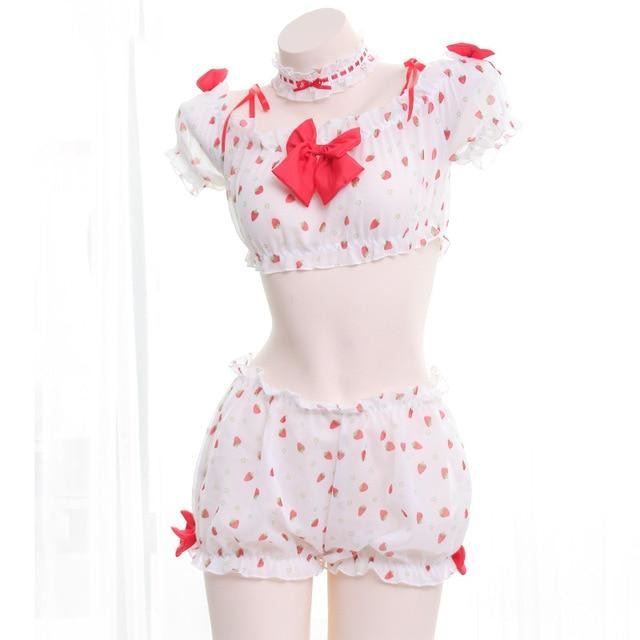 Sexy Strawberry Country Girl Lingerie Set Outfit Berries Bloomer Shorts Crop Top Cute Sexy Innocent 