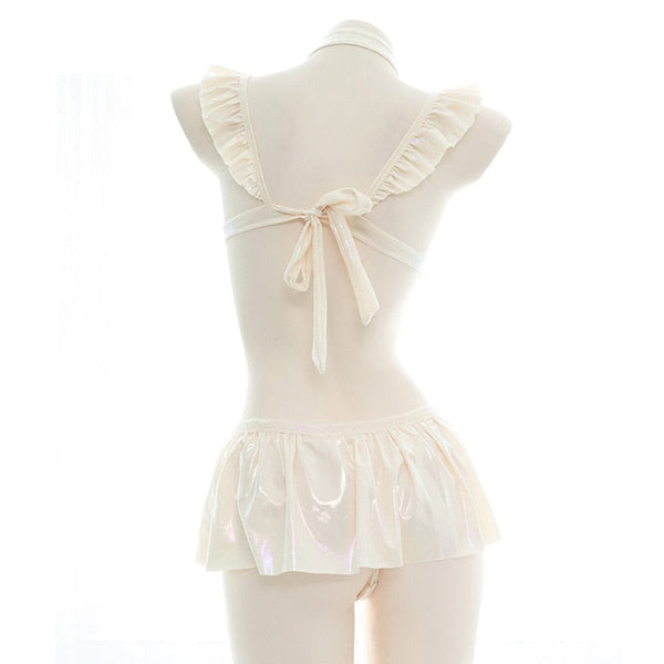 Cream Ruffled Harness Lingerie Set - fetish, harnesses, lingerie, lingerie sets, white