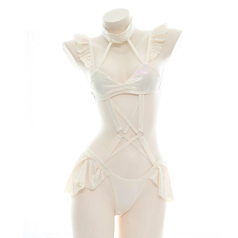 Cream Ruffled Harness Lingerie Set - fetish, harnesses, lingerie, lingerie sets, white