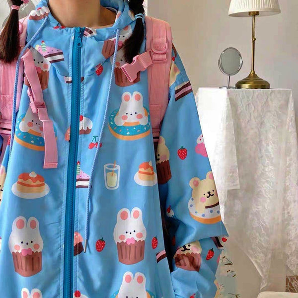 Cupcake Bunny Windbreaker - S - bear coat, ears, coats, food, jackets