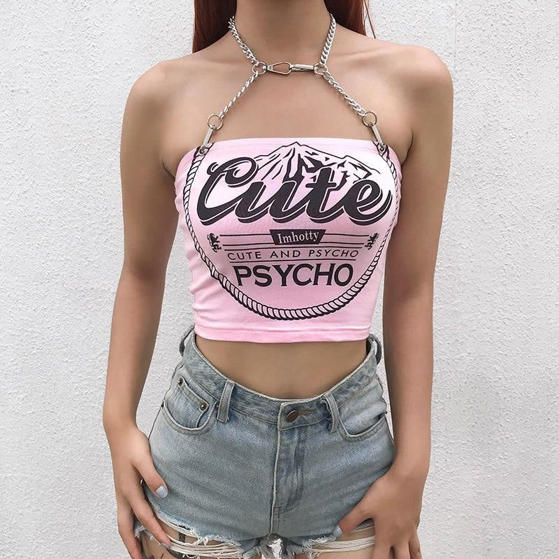 Cute & Psycho Halter Top - Pink / S - baby,belly shirt,belly shirts,belly tank,belly tee