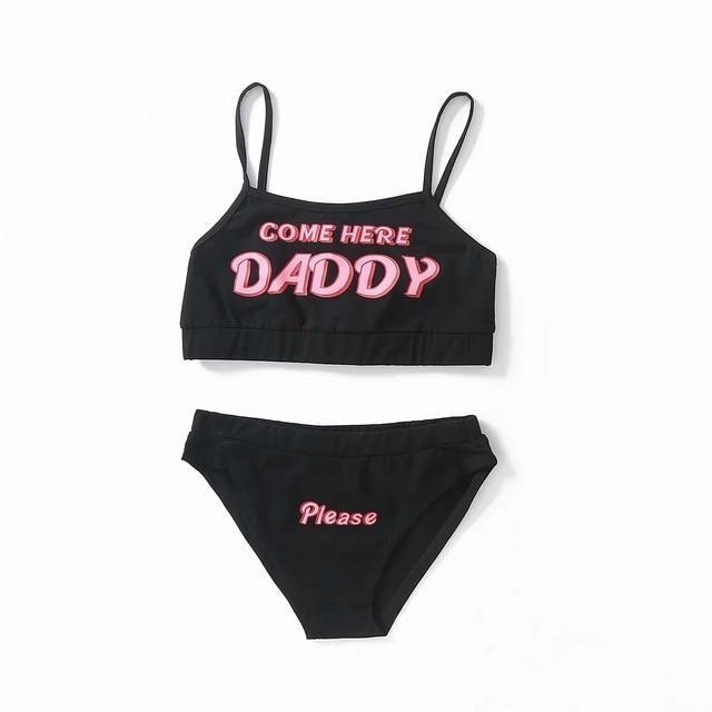 Come Here Daddy Crop Top - Black Set With Panties (One Size - Large) - shirt