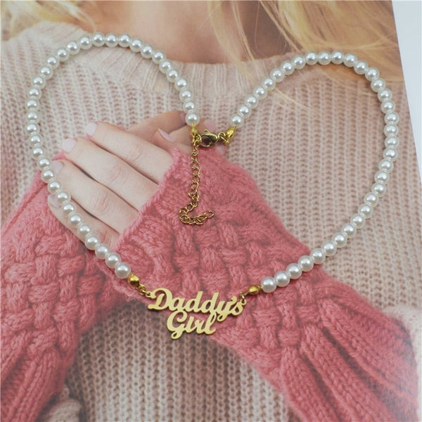 Daddy’s Girl Pearl Necklace - Gold Color - choker necklace, necklaces, daddy gold necklace