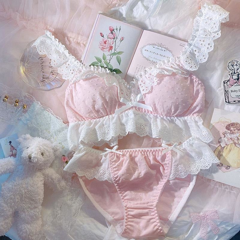 Doily Babydoll Lingerie Set - bdsm, black underwear, bows, bra, bralette