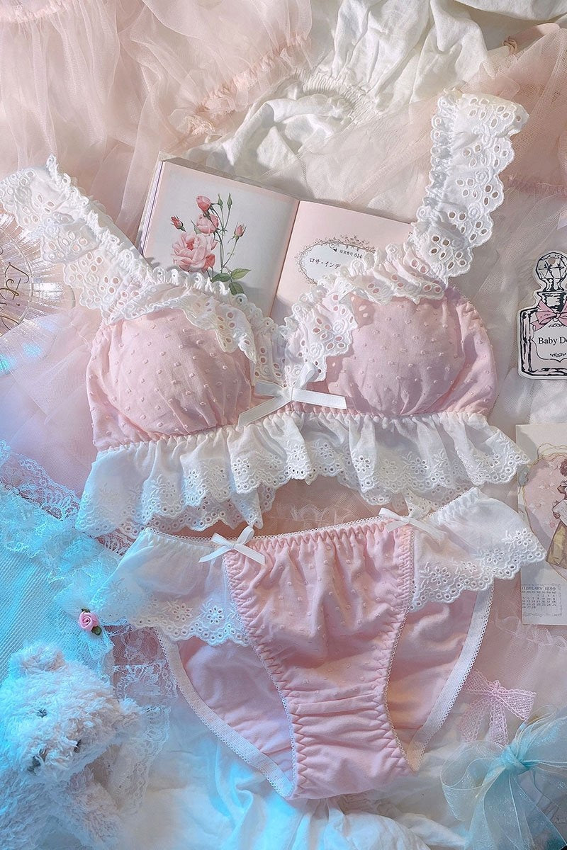 Doily Babydoll Lingerie Set - Pink / M(70ABC75A) - bdsm, black underwear, bows, bra, bralette