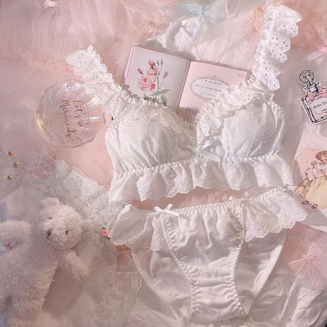 Doily Babydoll Lingerie Set - White / M(70ABC75A) - bdsm, black underwear, bows, bra, bralette