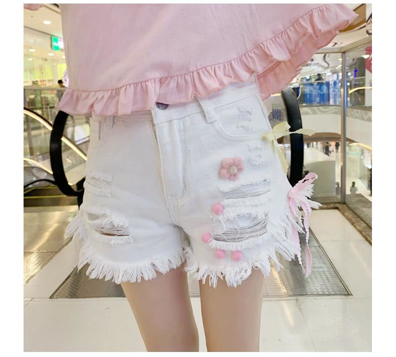 White Denim Strawberry Shorts Jeans Lolita Kawaii Fairy Kei Fashion