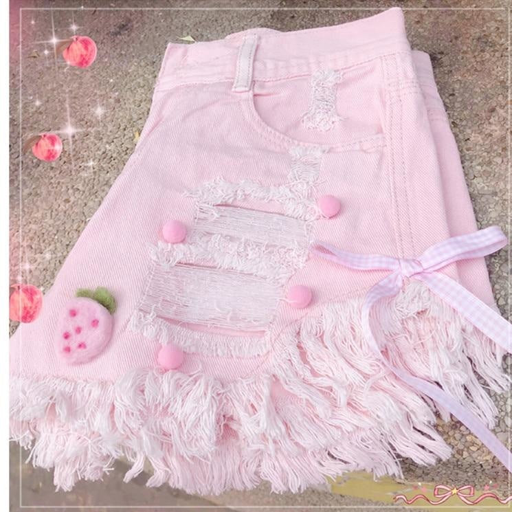 Pink Denim Strawberry Shorts Jeans Lolita Kawaii Fairy Kei Fashion