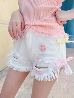 White Denim Strawberry Shorts Jeans Lolita Kawaii Fairy Kei Fashion