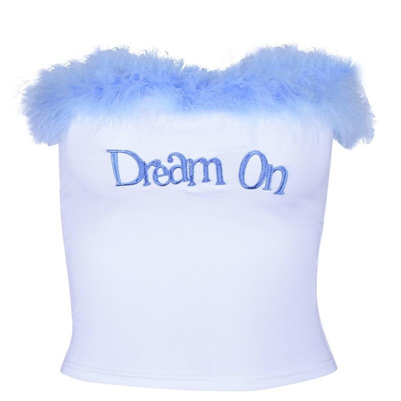 White Blue Dream On Fur Lined Tube Top Boob Tube Crop Top Shirt Furry Soft
