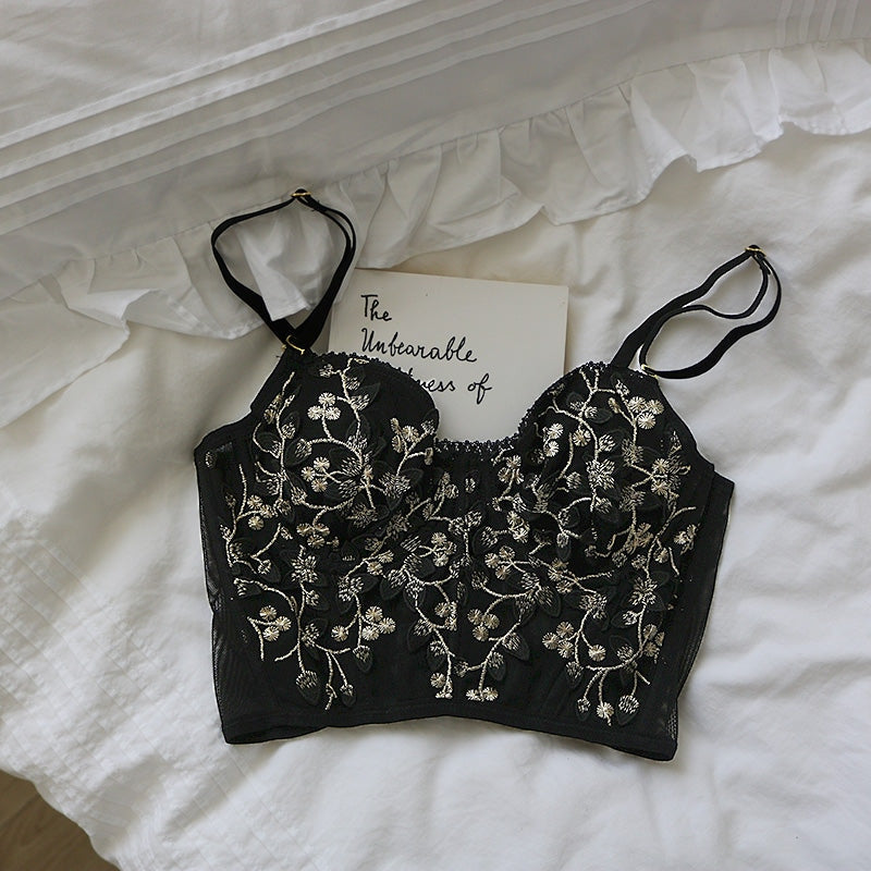 Floral Embroidered Bustier - Black / L - angelcore, bralette, bustier, bustiers, cami