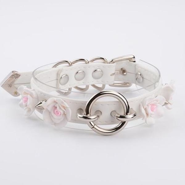 Floral O-ring Collar - White & Silver - choker