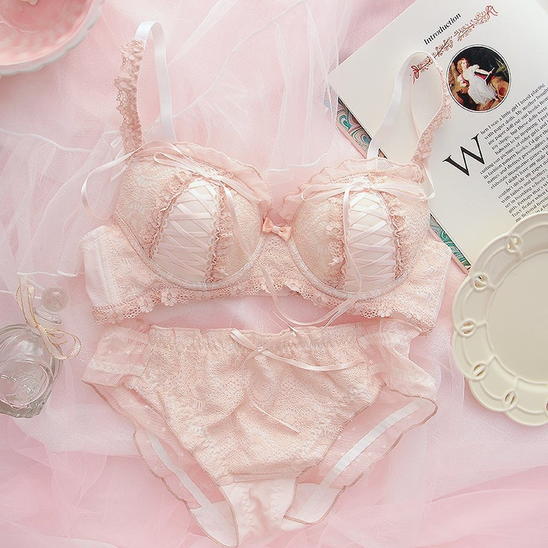 French Coquette Lingerie Set - Pink / XL - angelcore, bra, bralette, brasier, coquette