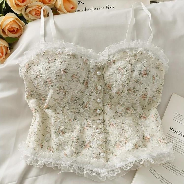 French Floral Camisole - White - belly shirt, shirts, crop, crop top