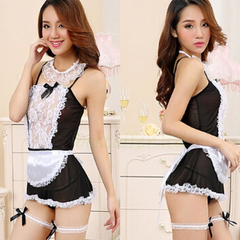 Sexy French Maid Costume Dress Lingerie Outfit Nightgown Black White Lace Slip