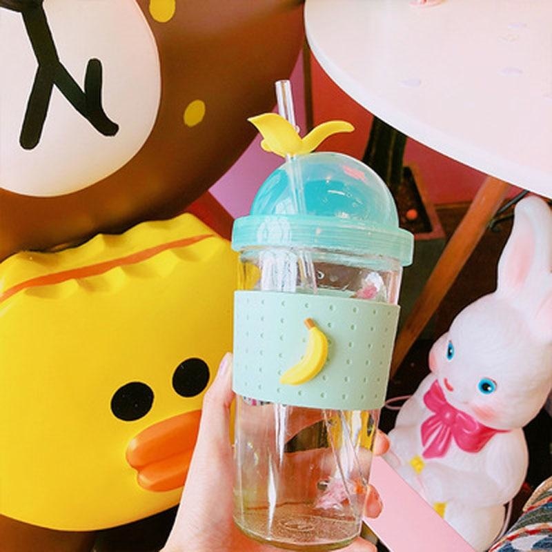Fruit Straw Banana Drinking Cup Water Bottle Glass Summer Cute Kawaii