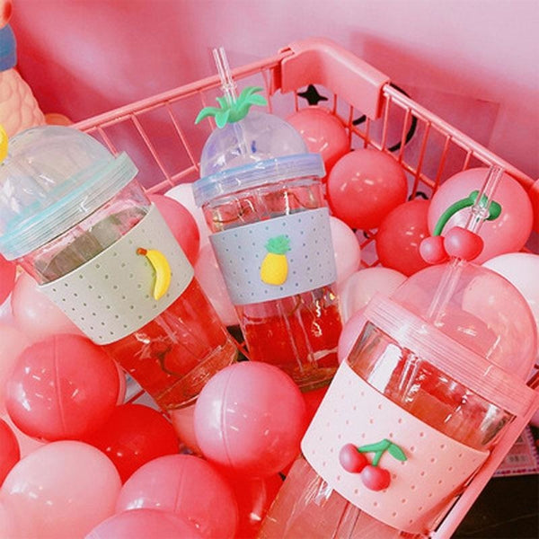 Fruit Straw Cherry Drinking Cup Water Bottle Glass Summer Cute Kawaii