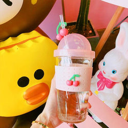 Fruit Straw Cherry Drinking Cup Water Bottle Glass Summer Cute Kawaii