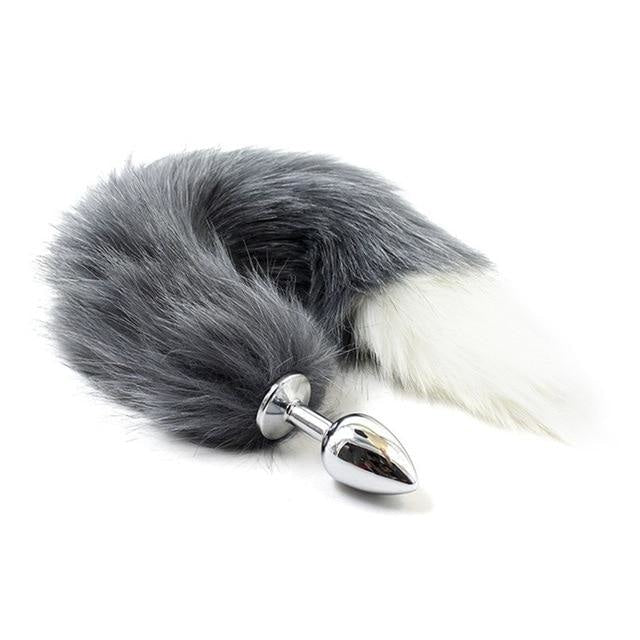 Furry Fox Tail (15 Color Choices!) - Grey w/ White Tip - petplay
