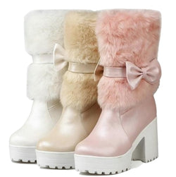 Furry Pink Bow Boots - ankle boots, baby pink, booties, chunky heels, faux fur