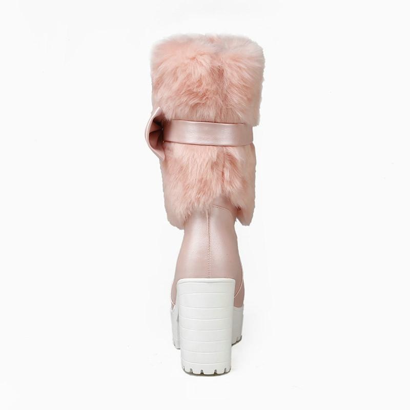 Furry Pink Bow Boots - ankle boots, baby pink, booties, chunky heels, faux fur